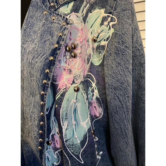 Vintage VTG 1980s Acid Wash Denim Floral Painted Studded Duster Jacket Large - Picture 7 of 8